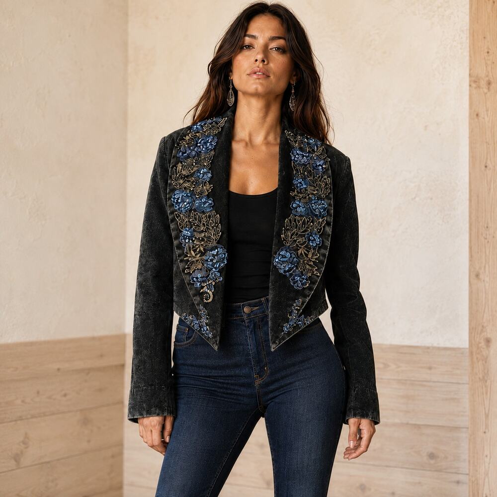 Y2K Black Denim Blue Floral Beaded Sequin Cropped Jacket M Western Boho Grunge